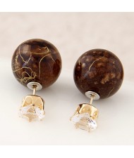 Colorful Turquoise Texture Ball with Rhinestone Embellished Fashion Ear Studs - Brown