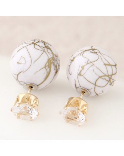 Colorful Turquoise Texture Ball with Rhinestone Embellished Fashion Ear Studs - White