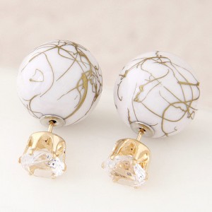 Colorful Turquoise Texture Ball with Rhinestone Embellished Fashion Ear Studs - White
