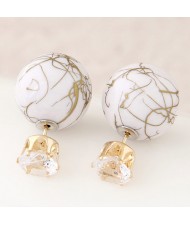Colorful Turquoise Texture Ball with Rhinestone Embellished Fashion Ear Studs - White