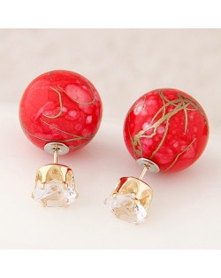 Colorful Turquoise Texture Ball with Rhinestone Embellished Fashion Ear Studs - Red