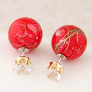 Colorful Turquoise Texture Ball with Rhinestone Embellished Fashion Ear Studs - Red