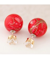 Colorful Turquoise Texture Ball with Rhinestone Embellished Fashion Ear Studs - Red