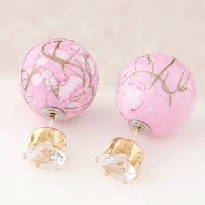 Colorful Turquoise Texture Ball with Rhinestone Embellished Fashion Ear Studs - Pink