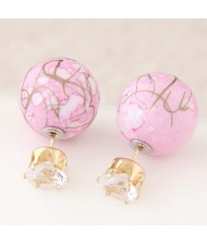 Colorful Turquoise Texture Ball with Rhinestone Embellished Fashion Ear Studs - Pink