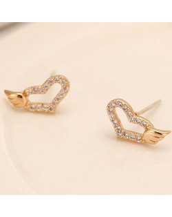Cubic Zirconia Inlaid Sweet Angel Wings Embellished Heart Design Fashion Ear Studs - Golden