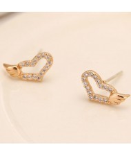 Cubic Zirconia Inlaid Sweet Angel Wings Embellished Heart Design Fashion Ear Studs - Golden