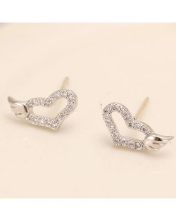 Cubic Zirconia Inlaid Sweet Angel Wings Embellished Heart Design Fashion Ear Studs - Silver