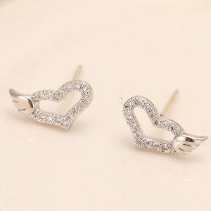Cubic Zirconia Inlaid Sweet Angel Wings Embellished Heart Design Fashion Ear Studs - Silver