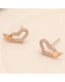 Cubic Zirconia Inlaid Sweet Angel Wings Embellished Heart Design Fashion Ear Studs - Rose Gold