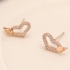 Cubic Zirconia Inlaid Sweet Angel Wings Embellished Heart Design Fashion Ear Studs - Rose Gold