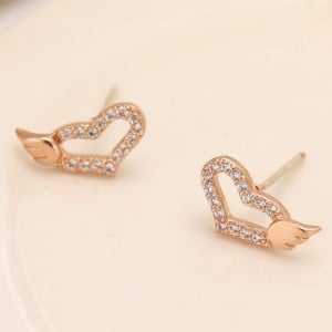 Cubic Zirconia Inlaid Sweet Angel Wings Embellished Heart Design Fashion Ear Studs - Rose Gold