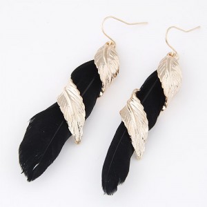 Golden Alloy Feather Encircled Feather Fashion Earrings - Black