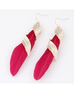 Golden Alloy Feather Encircled Feather Fashion Earrings - Red