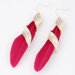 Golden Alloy Feather Encircled Feather Fashion Earrings - Red
