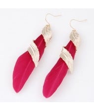 Golden Alloy Feather Encircled Feather Fashion Earrings - Red