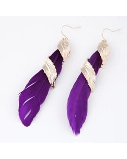 Golden Alloy Feather Encircled Feather Fashion Earrings - Purple