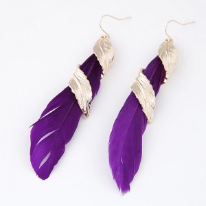 Golden Alloy Feather Encircled Feather Fashion Earrings - Purple