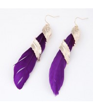 Golden Alloy Feather Encircled Feather Fashion Earrings - Purple