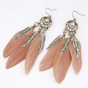 Triple Feather with Alloy Feather Pendants Design Fashion Earrings - Skin