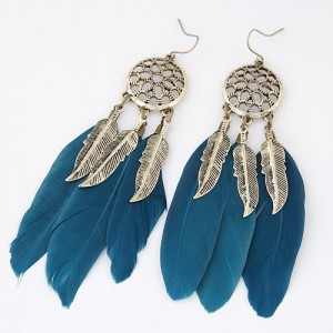 Triple Feather with Alloy Feather Pendants Design Fashion Earrings - Teal