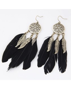 Triple Feather with Alloy Feather Pendants Design Fashion Earrings - Black