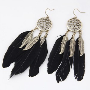 Triple Feather with Alloy Feather Pendants Design Fashion Earrings - Black
