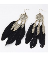 Triple Feather with Alloy Feather Pendants Design Fashion Earrings - Black