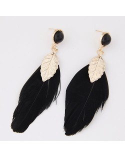 Big Single Feather with Golden Leaf Decoration Design Ear Studs - Black