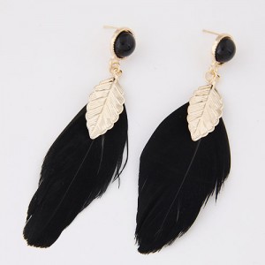 Big Single Feather with Golden Leaf Decoration Design Ear Studs - Black