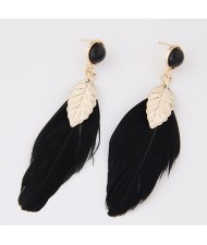 Big Single Feather with Golden Leaf Decoration Design Ear Studs - Black