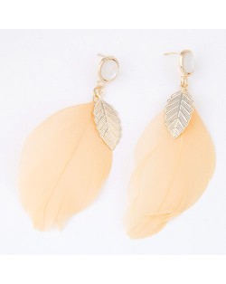 Big Single Feather with Golden Leaf Decoration Design Ear Studs - Light Orange