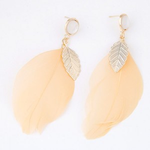 Big Single Feather with Golden Leaf Decoration Design Ear Studs - Light Orange