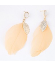 Big Single Feather with Golden Leaf Decoration Design Ear Studs - Light Orange