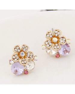 Sweet Rhinestone Inlaid Flower Korean Fashion Ear Studs - Purple