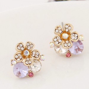 Sweet Rhinestone Inlaid Flower Korean Fashion Ear Studs - Purple