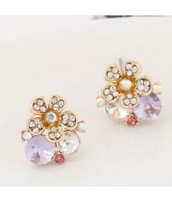 Sweet Rhinestone Inlaid Flower Korean Fashion Ear Studs - Purple