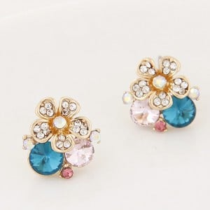 Sweet Rhinestone Inlaid Flower Korean Fashion Ear Studs - Ink Blue