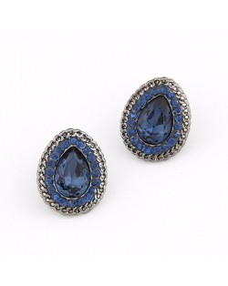 Chain Rim with Rhinestone Decorated Waterdrop Shape Fashion Ear Studs - Gun Black and Blue