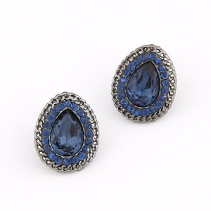 Chain Rim with Rhinestone Decorated Waterdrop Shape Fashion Ear Studs - Gun Black and Blue