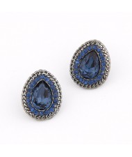 Chain Rim with Rhinestone Decorated Waterdrop Shape Fashion Ear Studs - Gun Black and Blue