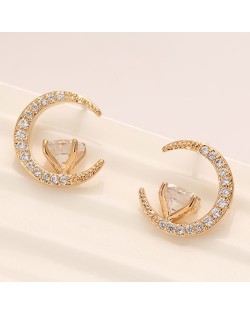 Cubic Zirconia Inlaid Graceful Moon with Star Design Fashion Ear Studs - Golden