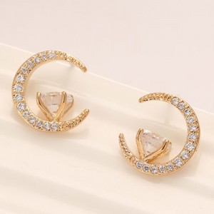 Cubic Zirconia Inlaid Graceful Moon with Star Design Fashion Ear Studs - Golden