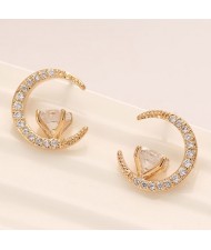 Cubic Zirconia Inlaid Graceful Moon with Star Design Fashion Ear Studs - Golden