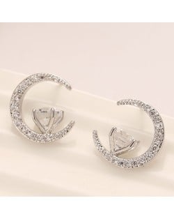 Cubic Zirconia Inlaid Graceful Moon with Star Design Fashion Ear Studs - Silver