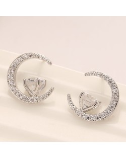 Cubic Zirconia Inlaid Graceful Moon with Star Design Fashion Ear Studs - Silver