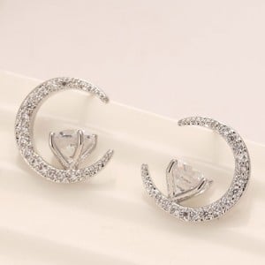 Cubic Zirconia Inlaid Graceful Moon with Star Design Fashion Ear Studs - Silver