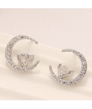 Cubic Zirconia Inlaid Graceful Moon with Star Design Fashion Ear Studs - Silver