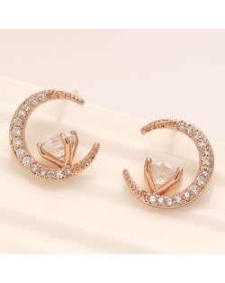 Cubic Zirconia Inlaid Graceful Moon with Star Design Fashion Ear Studs - Rose Gold