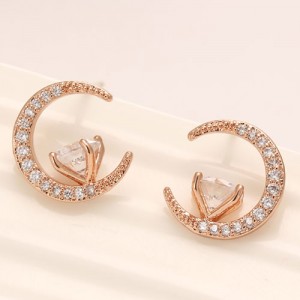 Cubic Zirconia Inlaid Graceful Moon with Star Design Fashion Ear Studs - Rose Gold